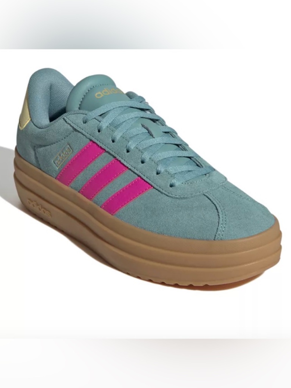 Adidas VL Court Bold Women’s Teal Suede Platform Sneaker with Pink Stripes